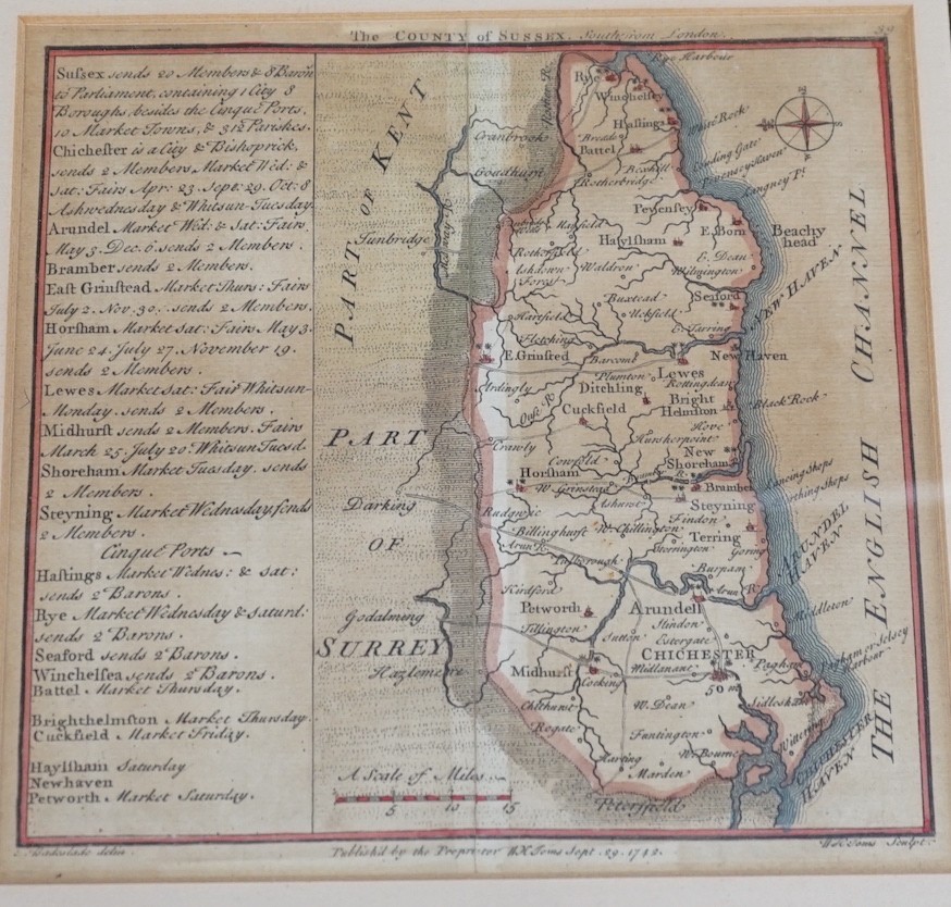 Badeslade (Thomas & William Henry Toms), coloured engraving, Map of the county of Sussex dated 1742, 15.5cm sq